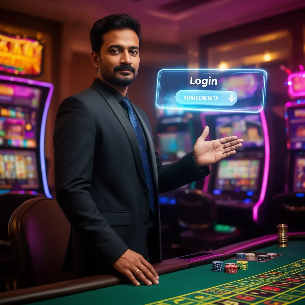 6789BD Login – Enter the world of premium casino gaming in Bangladesh Professional Bangladeshi casino dealer in a red vest pointing toward a glowing holographic login button in a vibrant 6789BD casino setting